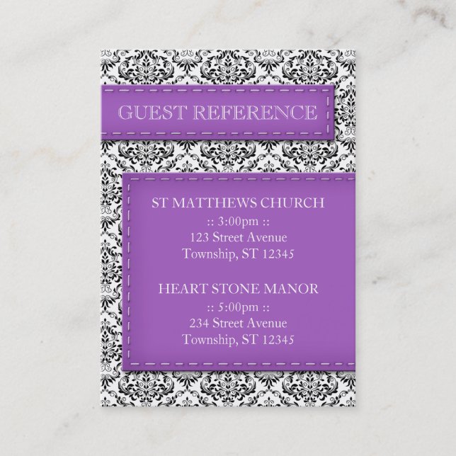 Purple Stitched Damask Wedding Guest Reference Business Card (Front)