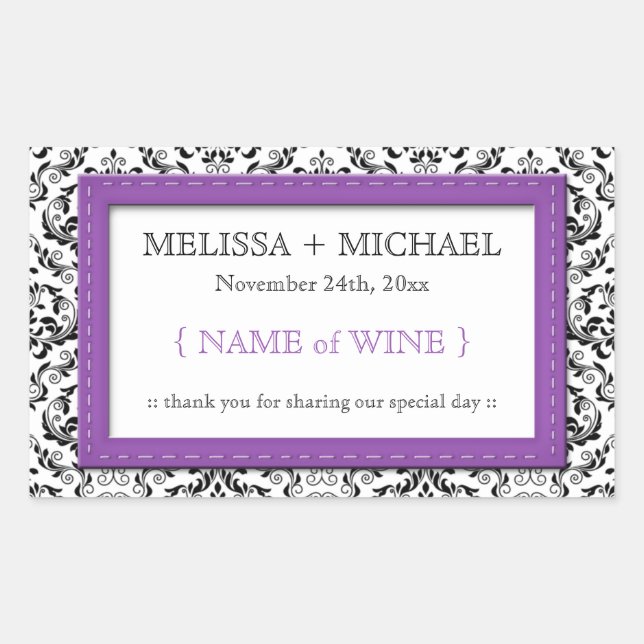 Purple Stitched Damask Wedding Wine Label (Front)