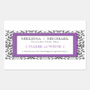 Purple Stitched Damask Wedding Wine Label
