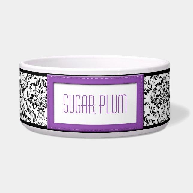 Purple Stitched Label Design Damask Dog Bowl (Front)