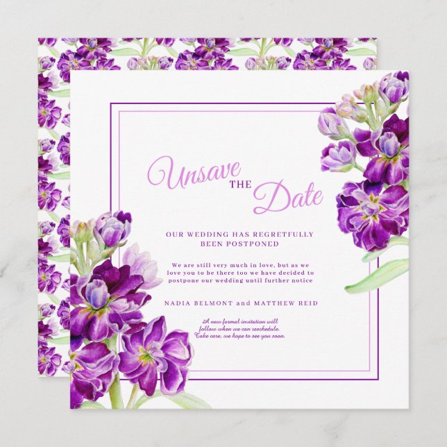 Purple stock flowers art wedding unsave the date invitation (Front/Back)