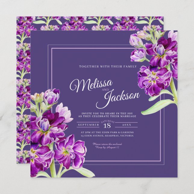 Purple stock flowers watercolor art wedding invitation (Front/Back)