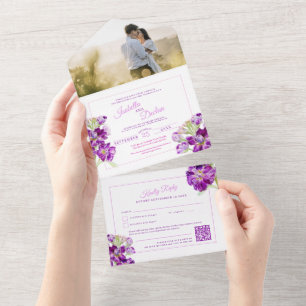 Purple stock watercolor wedding QR code RSVP All In One Invitation
