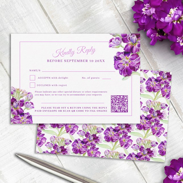 Purple stock watercolor wedding QR code  RSVP Card (Creator Uploaded)