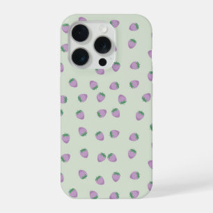 Purple Strawberry Pattern on Green Background iPhone 15 Pro Case