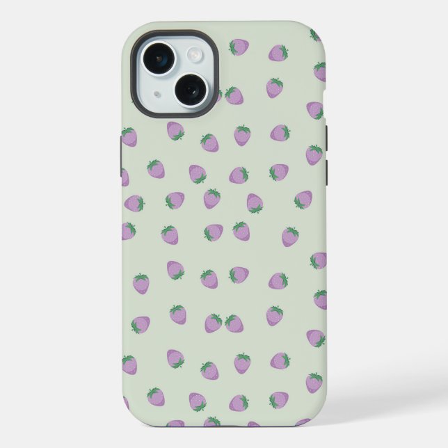 Purple Strawberry Pattern on Green Background iPhone Case (Back)