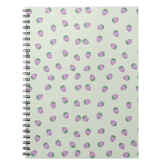 Purple Strawberry Pattern on Green Background Notebook (Front)