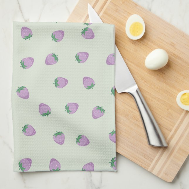 Purple Strawberry Pattern on Green Background Tea Towel (Quarter Fold)