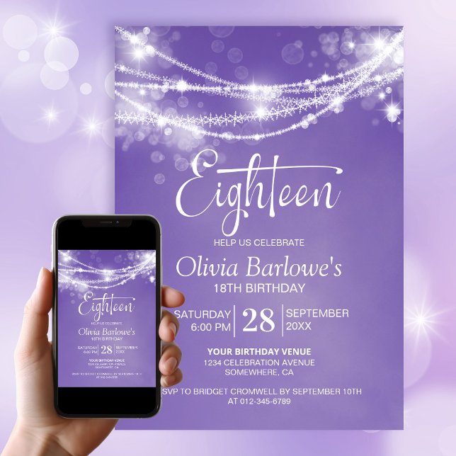 Purple String Lights 18th Birthday Party Invitation (Creator Uploaded)