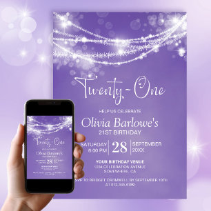 Purple String Lights 21st Birthday Party Invitation