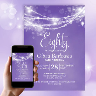 Purple String Lights 80th Birthday Party Invitation