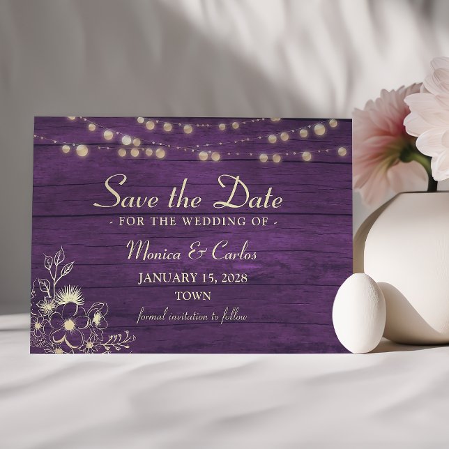 Purple String Lights Barn Wood Save The Date (Creator Uploaded)