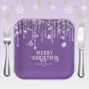 Purple String Lights Christmas Party Paper Plate