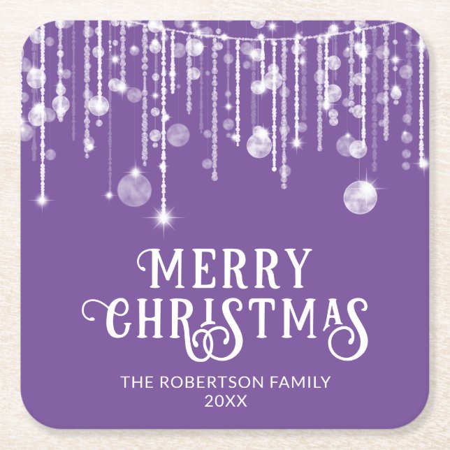 Purple String Lights Christmas Party Square Paper Coaster (Front)