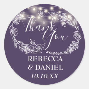 Purple String Lights Floral Thank You Classic Round Sticker