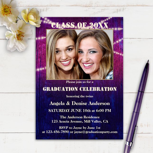 Purple String Lights Photo Graduation Invitation (Creator Uploaded)