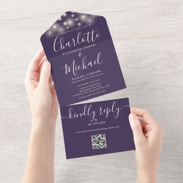 Purple String Lights QR Code Monogram Wedding  All In One Invitation (Tearaway)