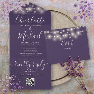Purple String Lights QR Code Monogram Wedding  All In One Invitation