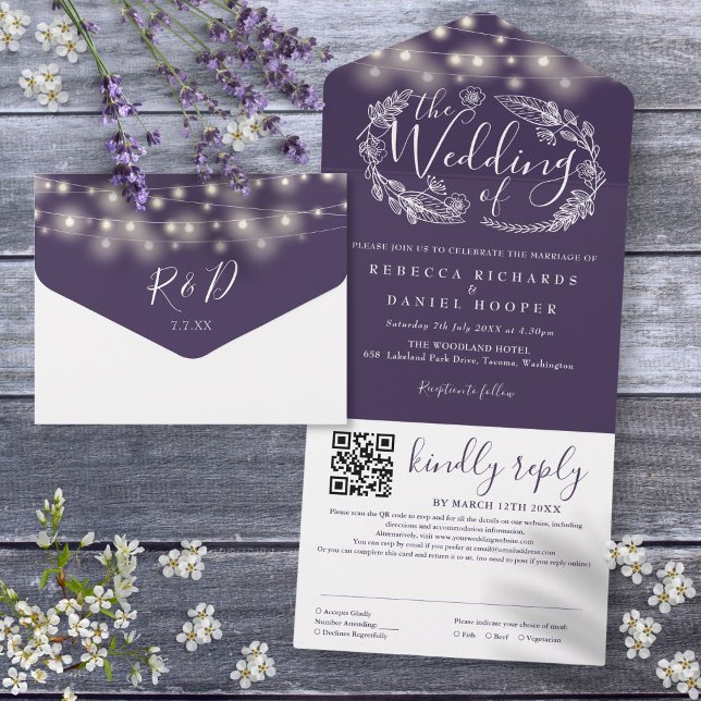 Purple String Lights QR Code Wedding All In One Invitation (Purple String Lights QR Code Wedding All In One Invitation)