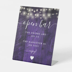 Purple String Lights Rustic Barn Wood Open Bar Pedestal Sign
