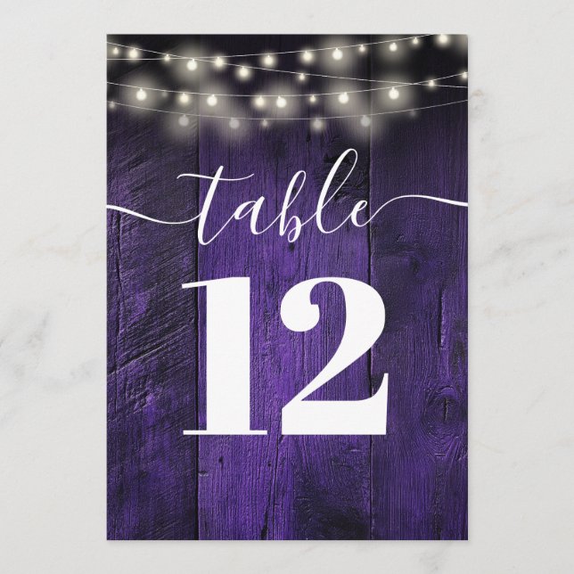 Purple String Lights Rustic Barn Wood Table Number (Front)