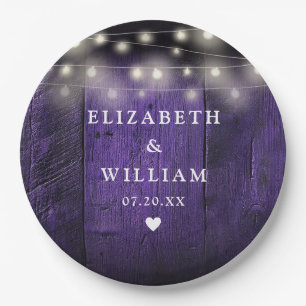 Purple String Lights Rustic Wood Boho Barn Wedding Paper Plate