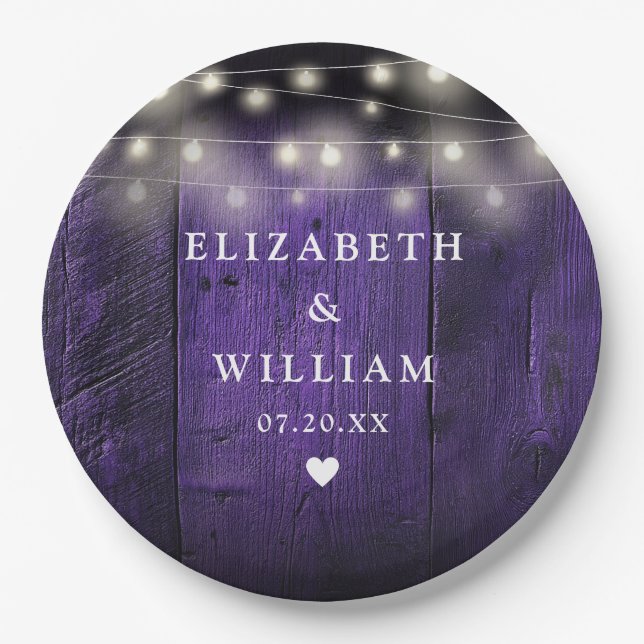 Purple String Lights Rustic Wood Boho Barn Wedding Paper Plate (Front)