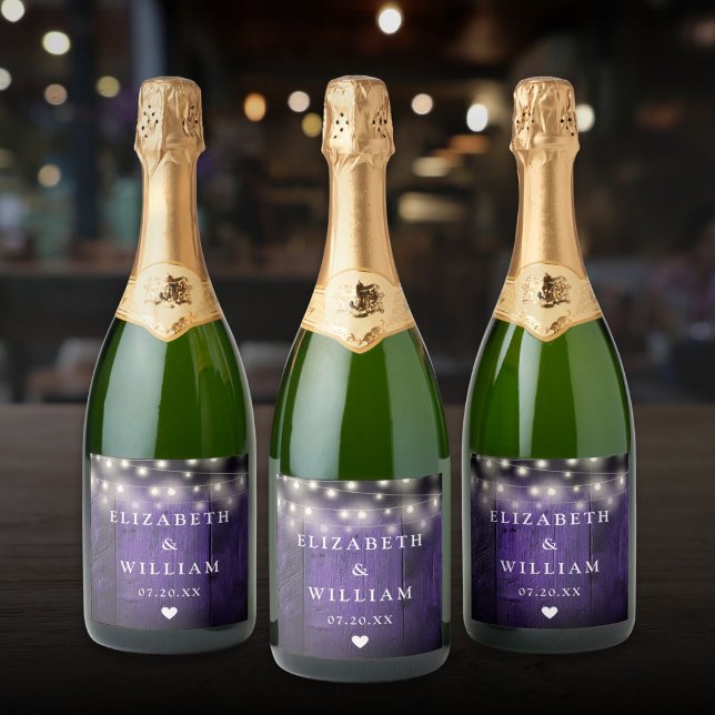 Purple String Lights Rustic Wood Boho Barn Wedding Sparkling Wine Label (Purple String Lights Rustic Wood Boho Barn Wedding Sparkling Wine Label)