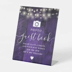 Purple String Lights Rustic Wood Photo Guest Book Pedestal Sign