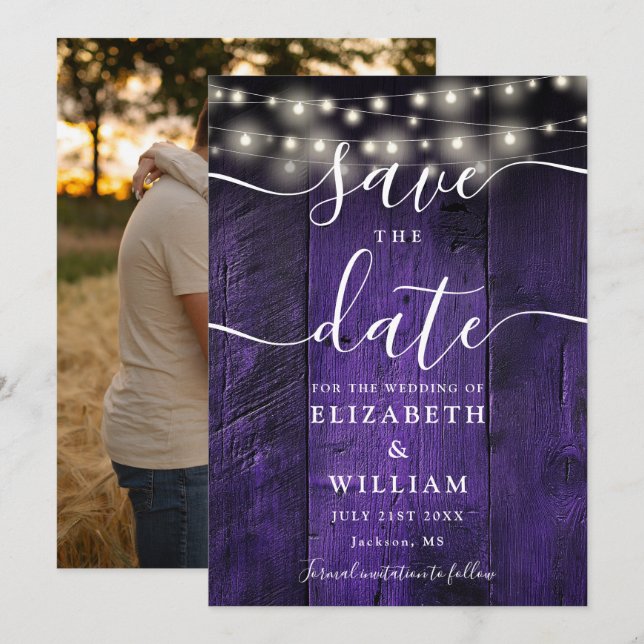 Purple String Lights Rustic Wood Photo Wedding  Save The Date (Front/Back)