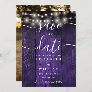Purple String Lights Rustic Wood Photo Wedding  Save The Date