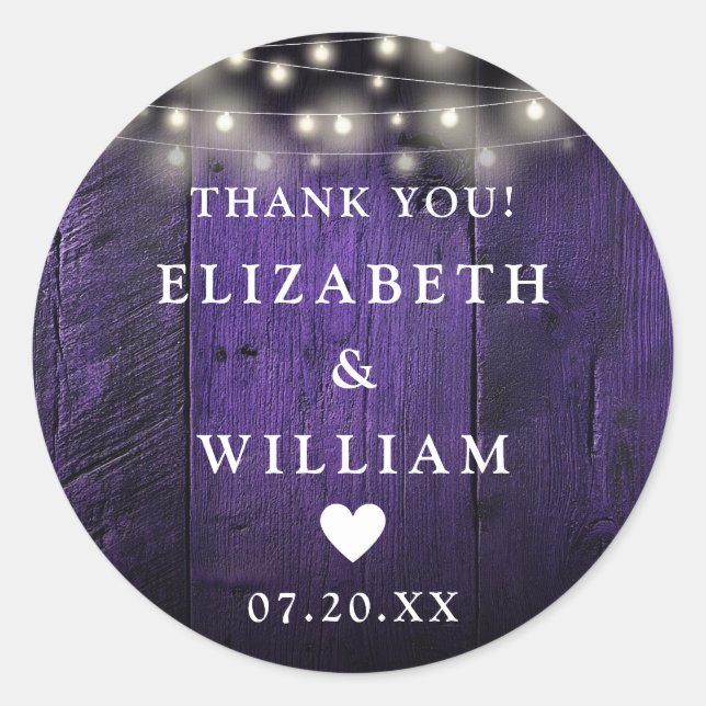 Purple String Lights Rustic Wood Wedding Favour  Classic Round Sticker (Front)