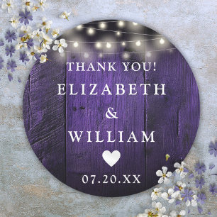 Purple String Lights Rustic Wood Wedding Favour  Classic Round Sticker