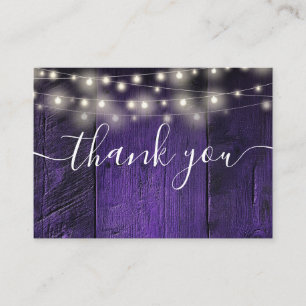 Purple String Lights Rustic Wood Wedding Thank You Place Card