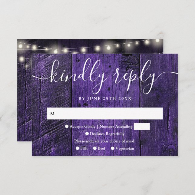 Purple String Lights Rustic Wood Western Wedding RSVP Card (Front/Back)