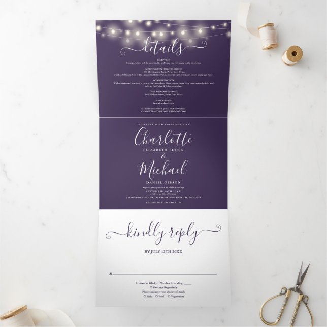 Purple String Lights Script Monogram Wedding Tri-Fold Invitation (Inside)