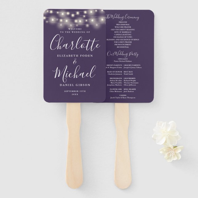 Purple String Lights Script Wedding Program Hand Fan (Front and Back)