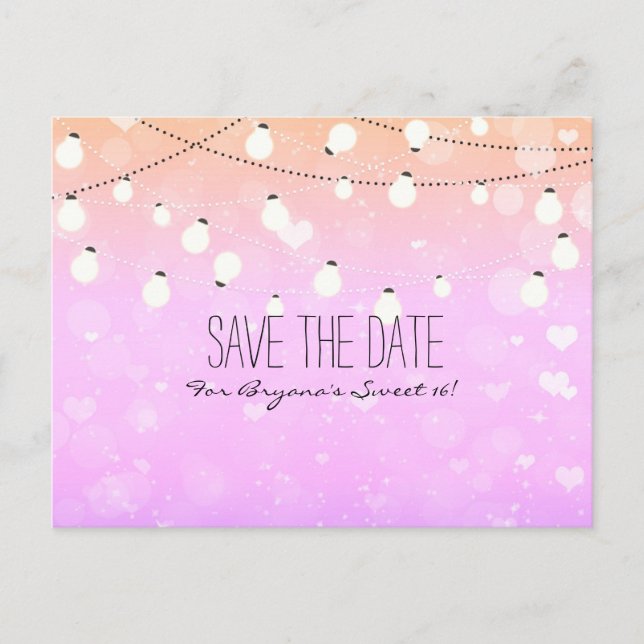 Purple String Lights Sparkle Save Date Postcard (Front)