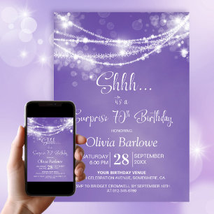 Purple String Lights Surprise 70th Birthday Party Invitation