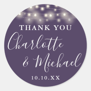 Purple String Lights Wedding Favour Thank You  Classic Round Sticker