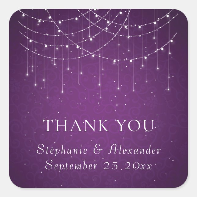 Purple String Lights Wedding Name Thank You Square Sticker (Front)