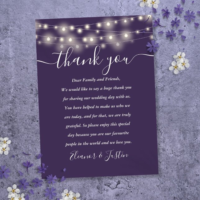 Purple String Lights Wedding Thank You Place  Place Card (Purple String Lights Wedding Thank You Place Place Card)