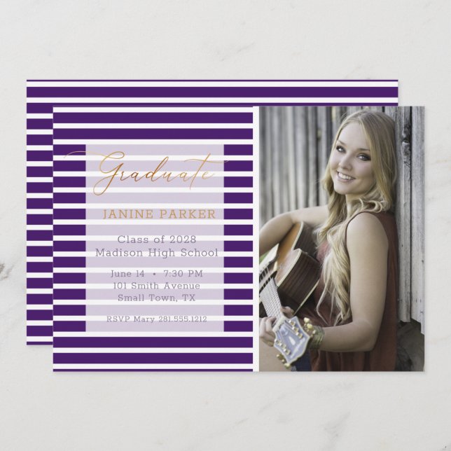 Purple Stripe Add Your Own Photo Graduation Announcement (Front/Back)