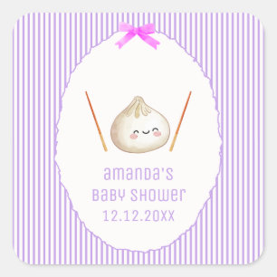 Purple Stripe Girl Bow Asian Dumpling Baby Shower  Square Sticker