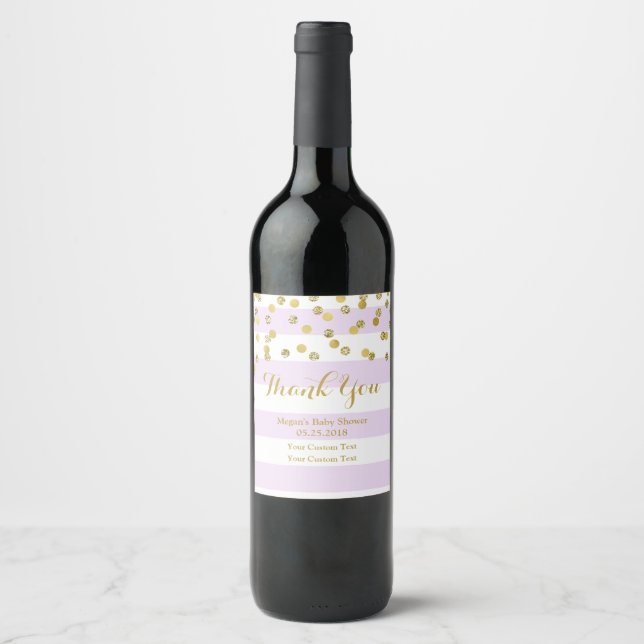 Purple Stripe Gold Confetti Baby Shower Wine Label (Front)