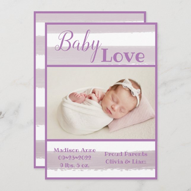 Purple Stripe Photo Baby Love Script Birth Announcement (Front/Back)