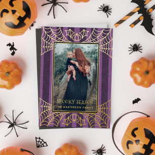 Purple stripe spiderwebs Halloween photo Foil Holiday Card
