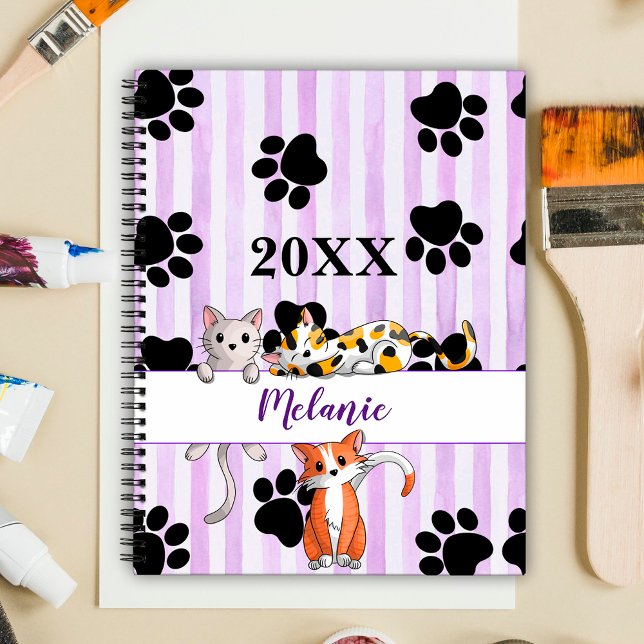Purple striped background kittens & paws customise planner (Creator Uploaded)