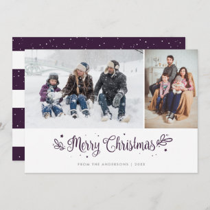 Purple Striped Calligraphy Christmas Photo Cards