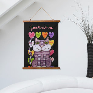 Purple Striped Cat Valentine Candy Hearts Black Hanging Tapestry